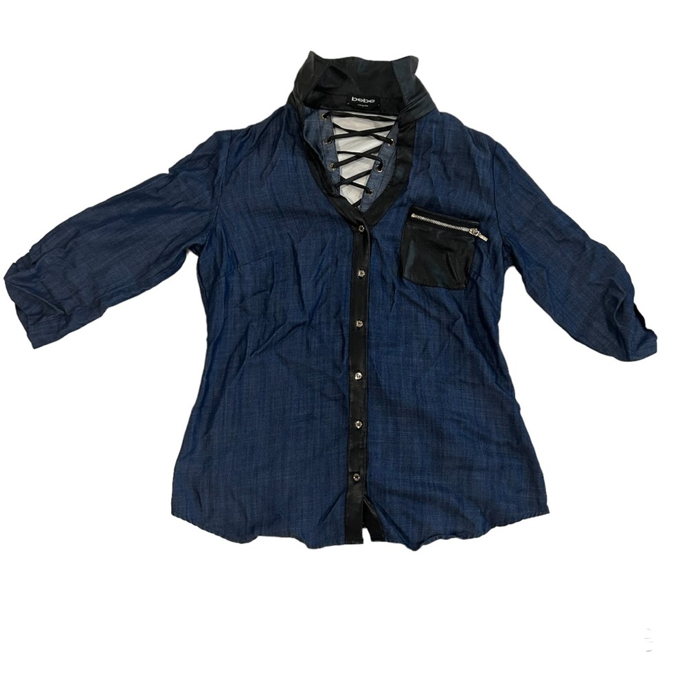 Bebe Navy blue and Black long sleeve shirt with leather hem and laces Size Small